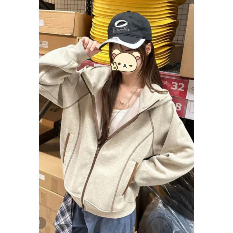 美式撞色连帽开衫卫衣情侣款男女