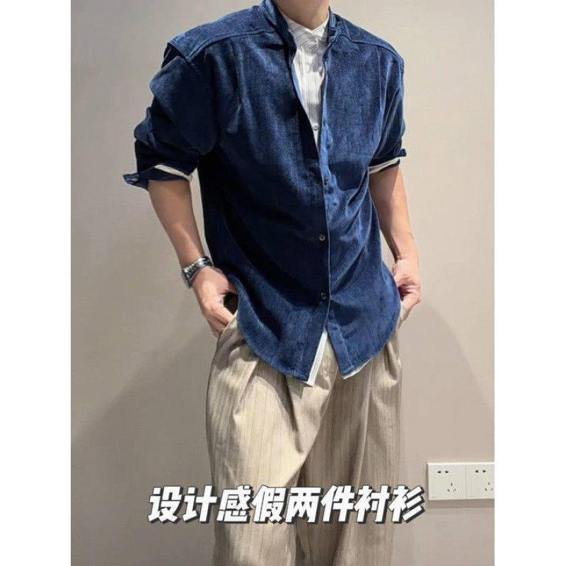 秋冬西西里绒感假两件条纹衬衫男