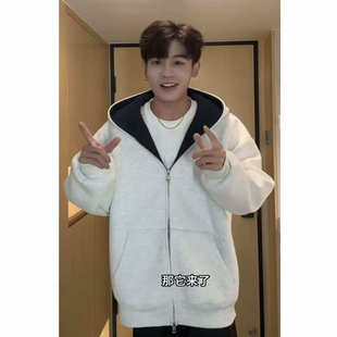 MY新款重磅600g硬挺卫衣男连帽长袖开衫外套春季双色潮牌百搭上衣