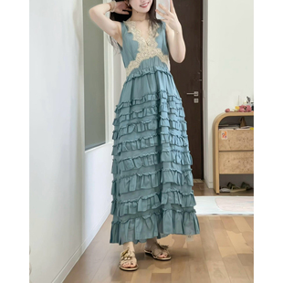宫廷风苎麻V领睫毛蕾丝层层蛋糕裙长款 法式 连衣裙 洋娃娃 雪绿