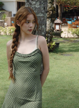 雪绿 草绿色波点真丝裙 木耳边吊带短裙＋斜裁桑蚕丝连衣裙