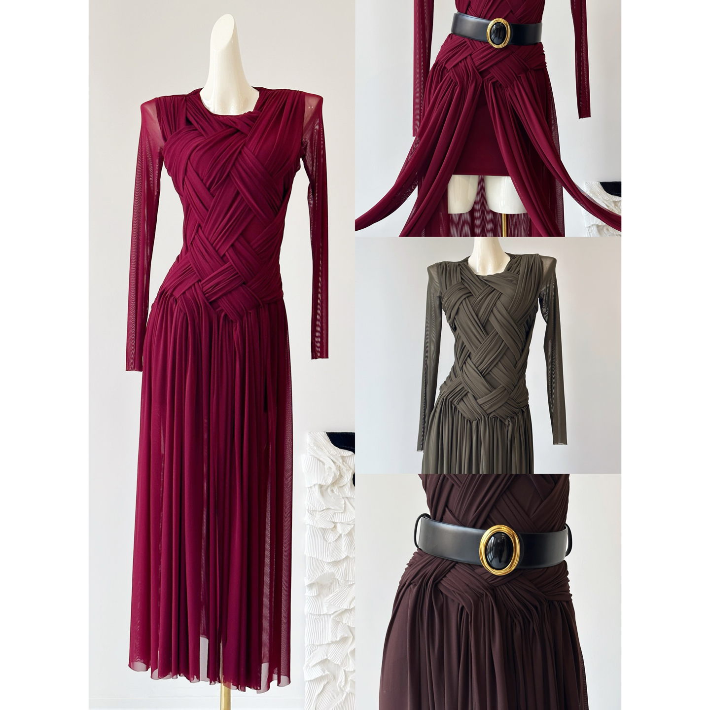 雪绿◆编织纱裙 立裁褶皱新款设计感小众复古长裙修身性感连衣裙