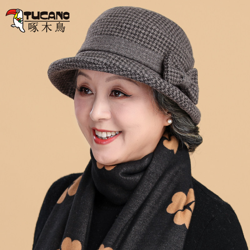 老太太冬季老人针织保暖毛呢盆帽