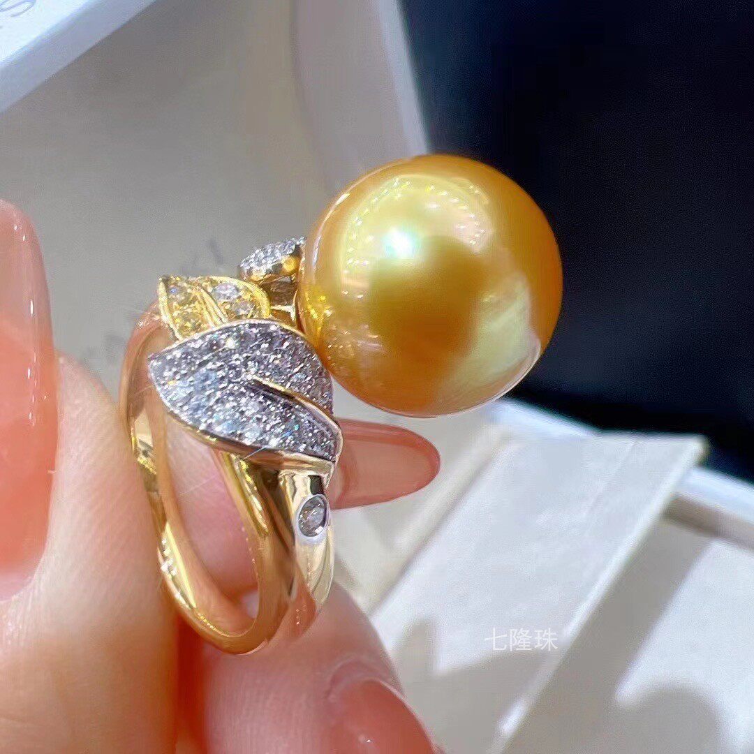 『七隆珠』茶金色18K金钻石经典款南洋金珠戒指