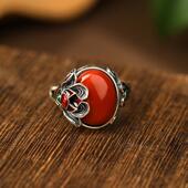 安妮猫蒙古925泰银南红玛瑙戒指玫瑰花复古圆形送女友礼物七夕