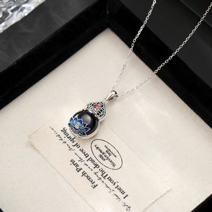 古风葫芦莲花S925银精工点缀项链祥云镂空葫芦黑玛瑙如意吊坠