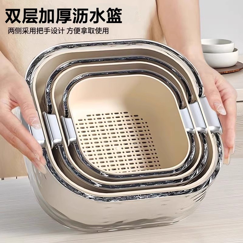 日本双层洗菜盆沥水篮厨房家用塑料洗水果盘方形三件套厨房漏筐篮