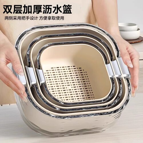 日本双层洗菜盆沥水篮厨房家用塑料洗水果盘方形三件套厨房漏筐篮