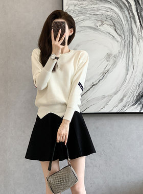 大码女装胖mm时尚休闲套装女2022秋冬季韩版学院风针织两件套装裙
