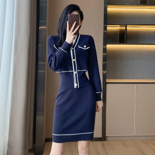 名媛小香风套装女秋冬装十三行高端女装时尚休闲针织两件套装裙子