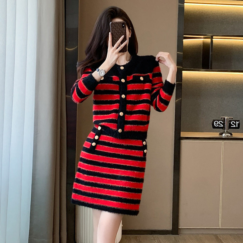 小香风针织两件套装裙子女十三行秋冬女装开衫长袖时尚休闲套装裙