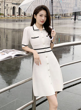 小香风冰丝针织连衣裙女夏季新款气质白色翻领短袖修身高腰A字裙