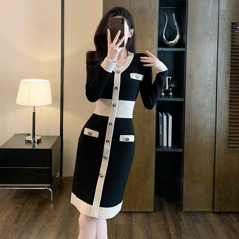 名媛重工金扣收腰连衣裙女小香风小众气质撞色轻奢网眼针织裙秋冬,女装/女士精品,连衣裙,淘宝优惠券,粉丝福利购,淘宝优惠卷