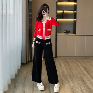 秋冬新款时尚休闲套装网红名媛气质高腰显瘦针织阔腿裤子两件套女