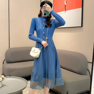 女式毛衣裙2022秋冬新款网纱蕾丝连衣裙韩版中长款过膝针织百褶裙