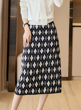 毛线女式a字针织裙女2023春季新款提花毛衣裙高腰中长款半身裙子