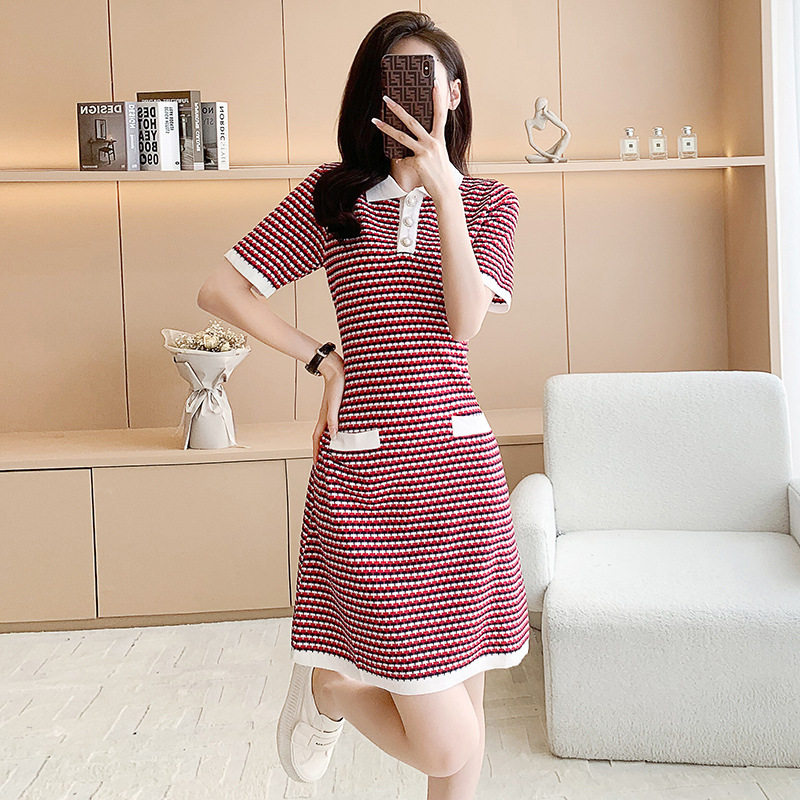 小香风夏季新款短袖针织连衣裙女冰丝薄款a字裙子气质淑女中长款