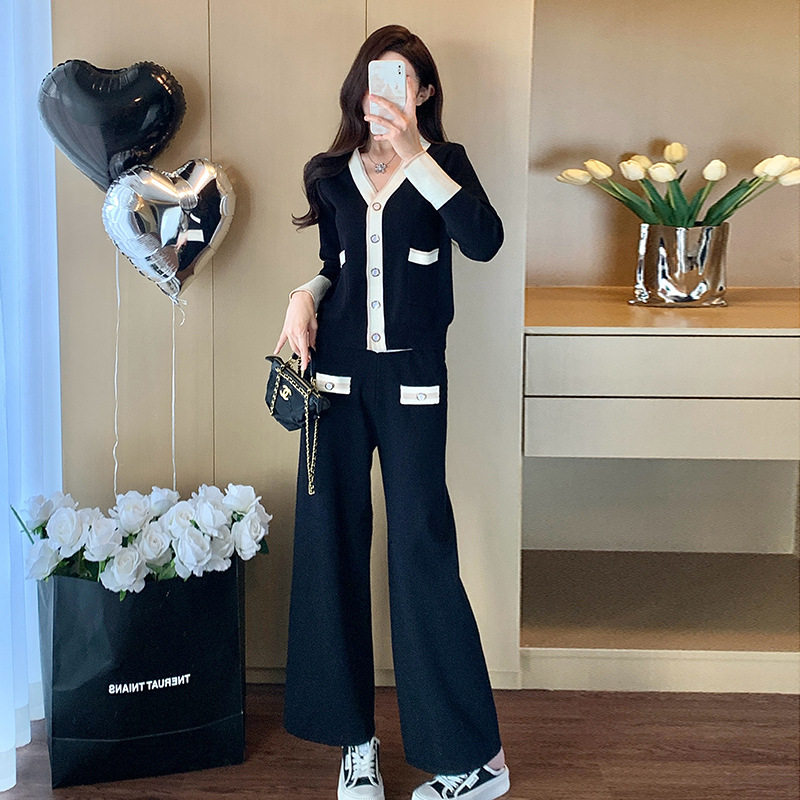 时尚休闲套装女2025春新款长袖开衫阔腿裤针织两件裤子套装小香风
