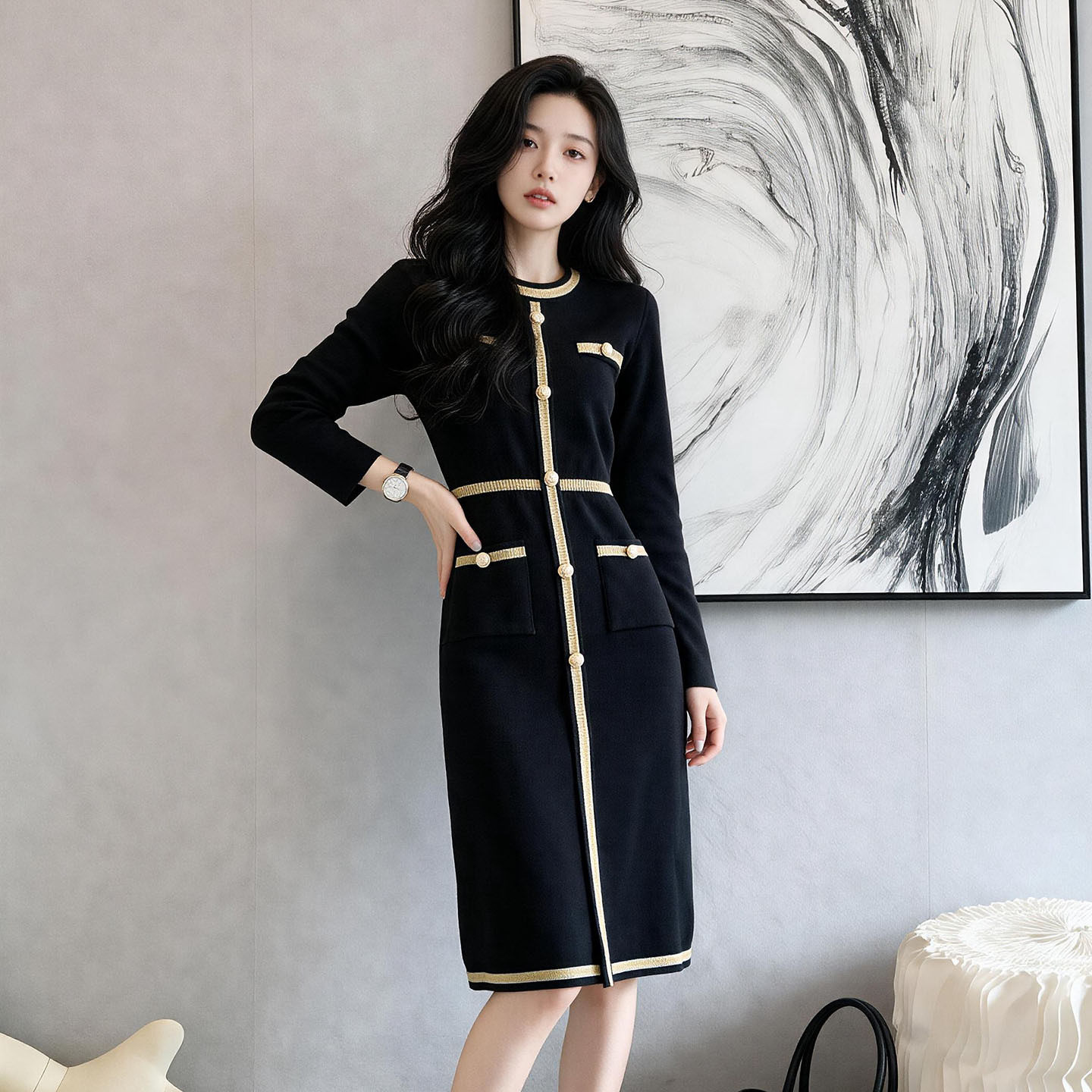 小香风长款修身针织连衣裙女2026秋冬季新款长袖打底赫本小黑裙子