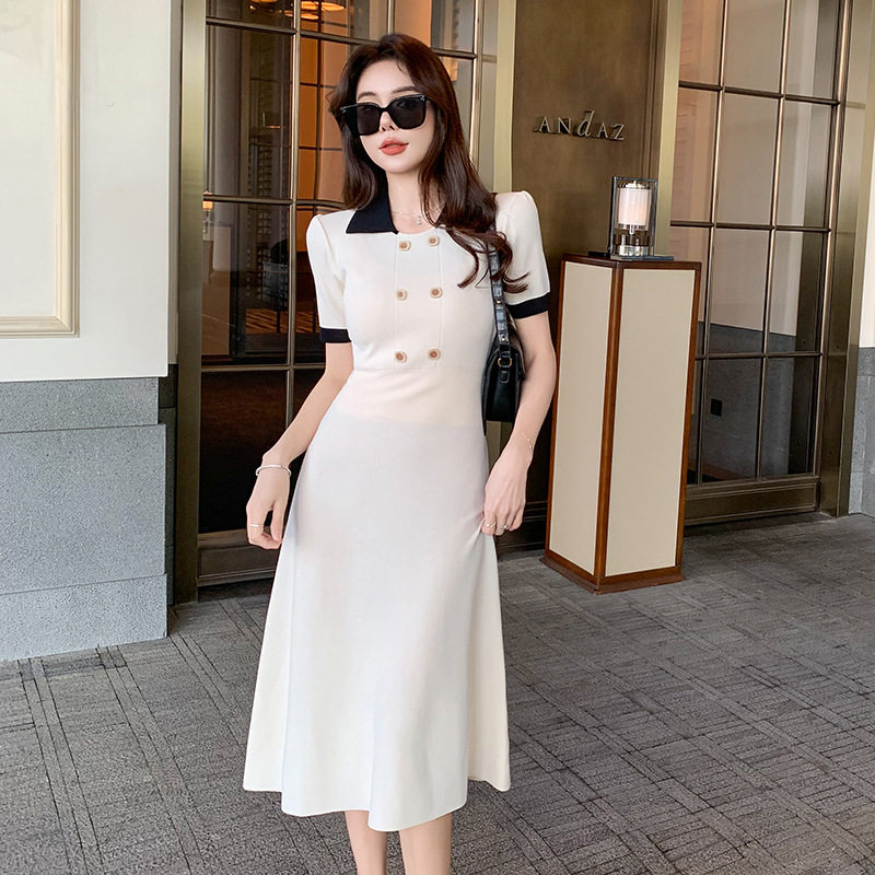 外贸女装新款冰丝连衣裙女夏撞色短袖高腰A字针织裙高级感小香风