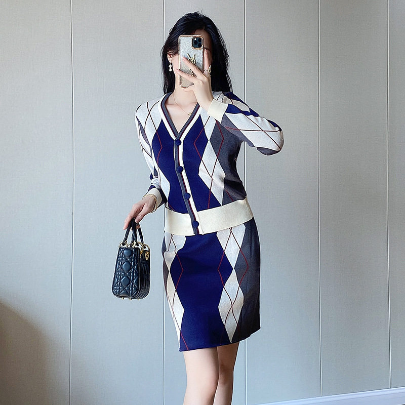 时尚休闲套装半身裙女装2023小香风毛衣针织开衫外套两件套装裙子