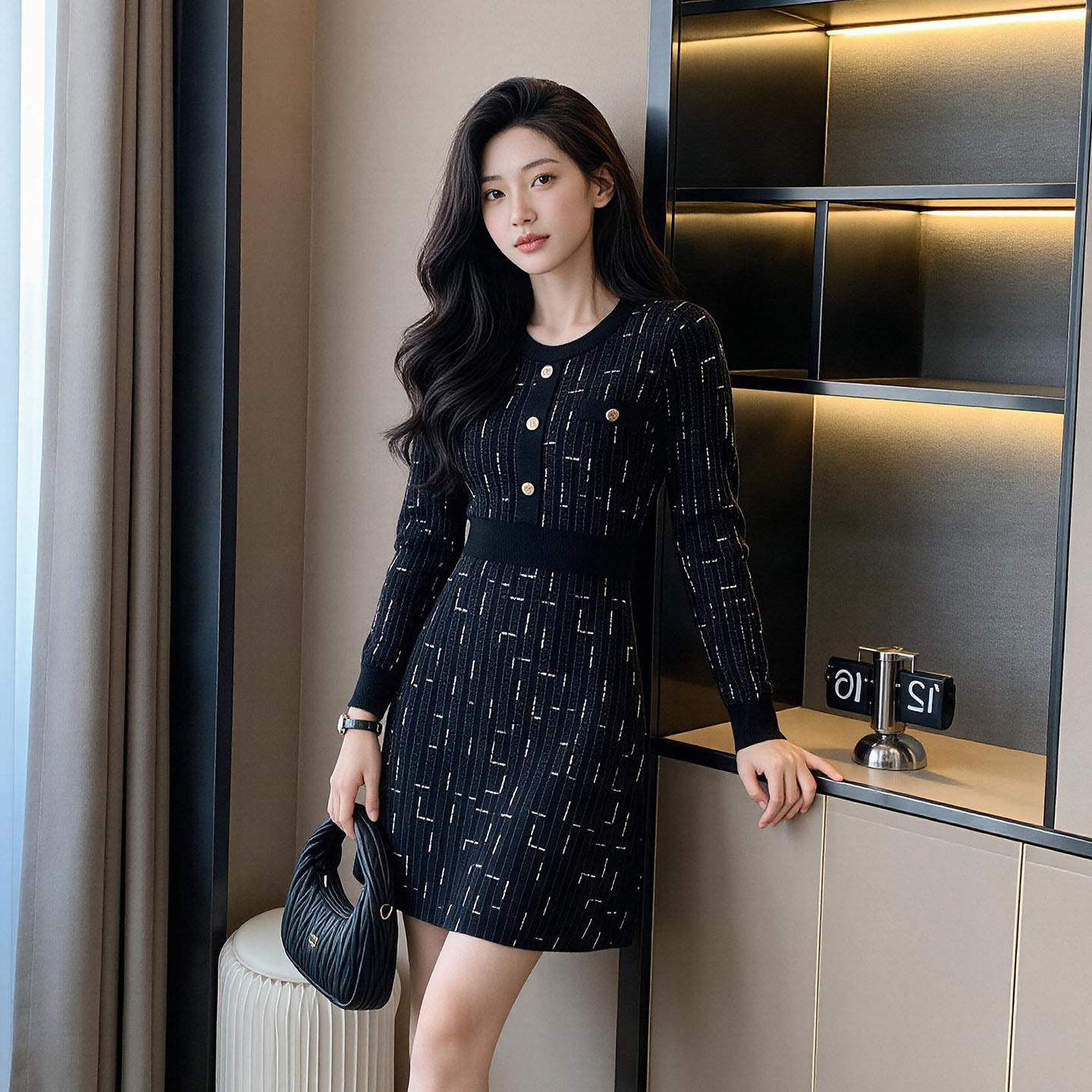 法式名媛小香风圆领针织连衣裙女秋亮丝中长款收腰显瘦内搭毛衣裙
