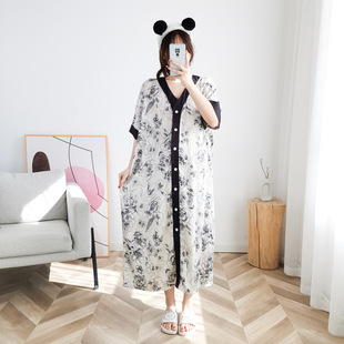 水墨画睡裙女200斤夏宽松加肥加大薄款 冰丝大码 睡衣家居服女胖mm