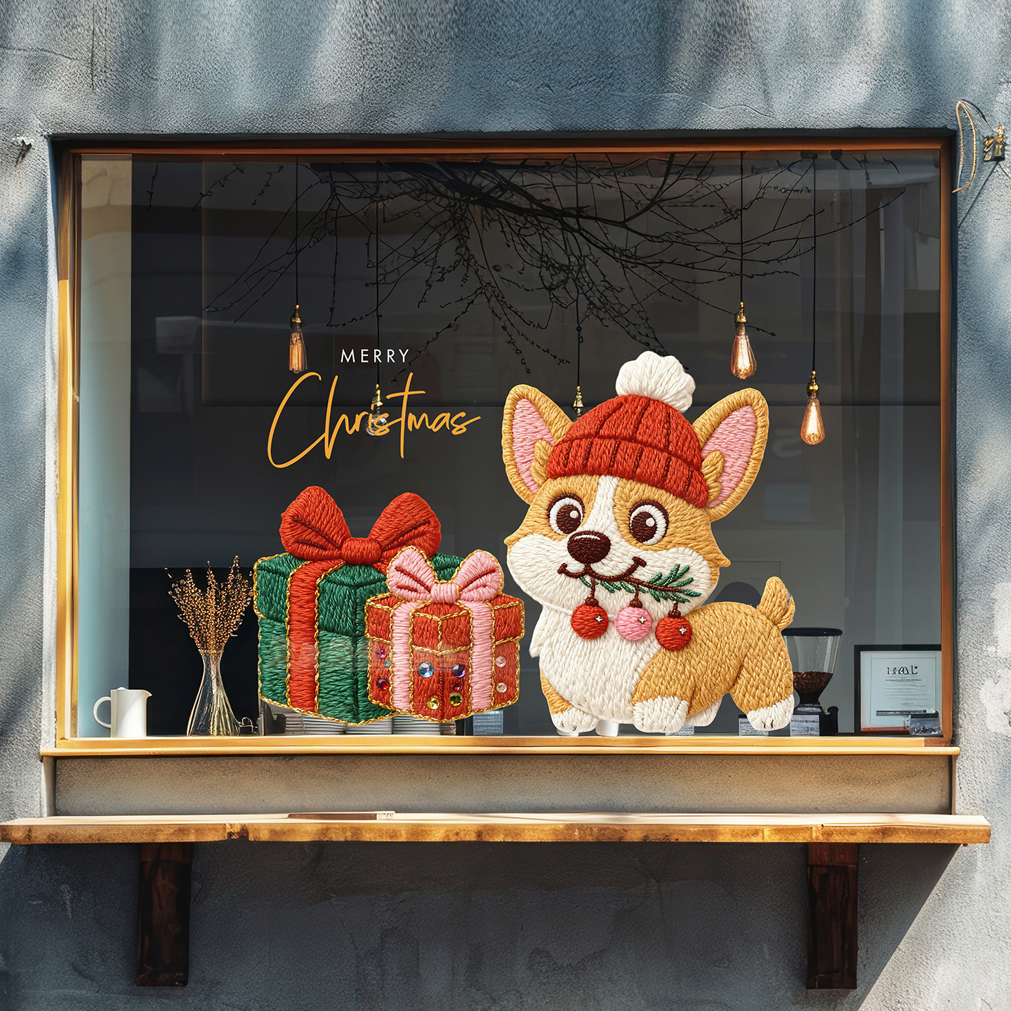 宠物狗狗圣诞布置创意小狗花环窗花萌趣宠物店网红毛线球风格门贴