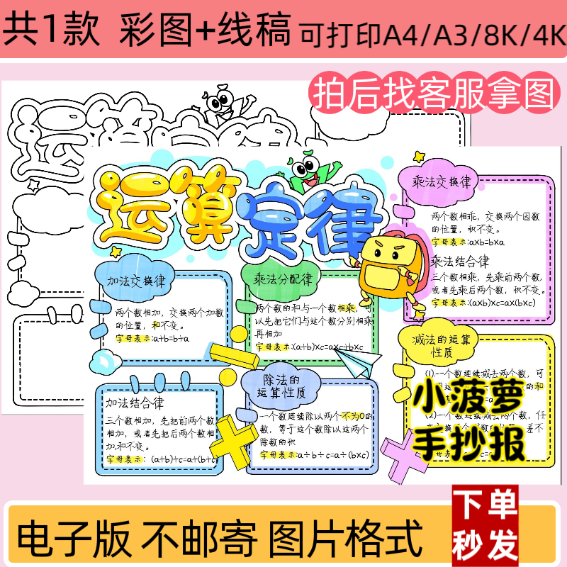 四年级下册数学运算定律手抄报小学生小报线稿打印电子版模板