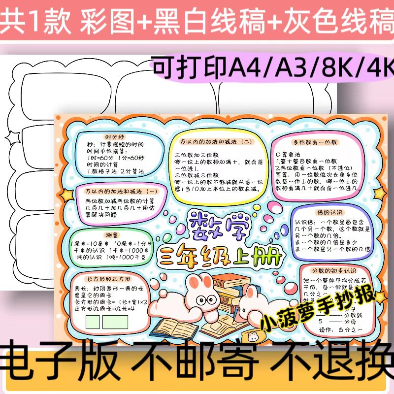 B13数学三年级上册复习思维导图手抄报电子版模版黑白线稿可打印