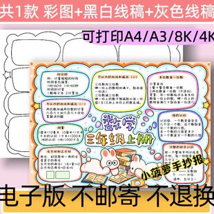 B13数学三年级上册复习思维导图手抄报电子版模版黑白线稿可打印