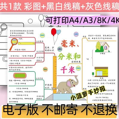 三年级上册数学认识毫米分米和千米思维导图模板手抄报电子线稿