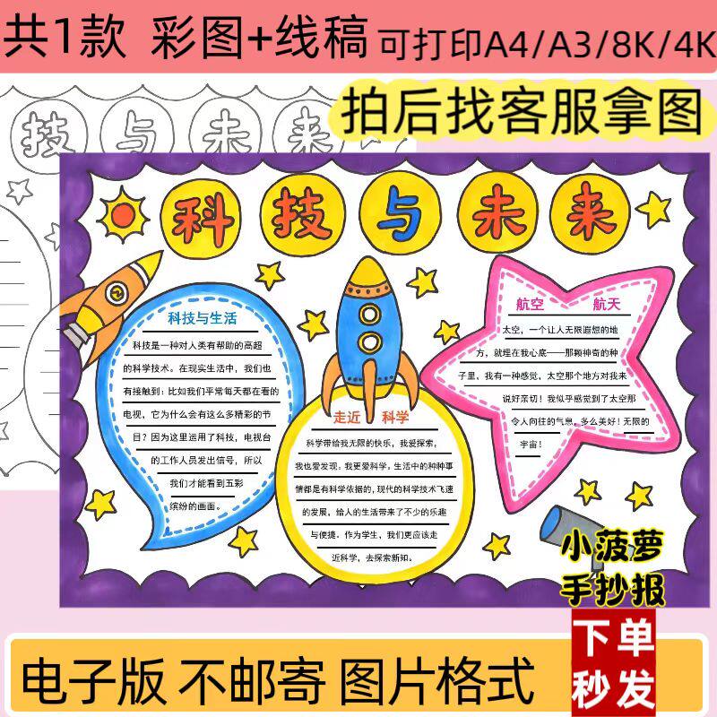 MJW科技与未来手抄报线稿小学生科技小报模版可打印电子版A4