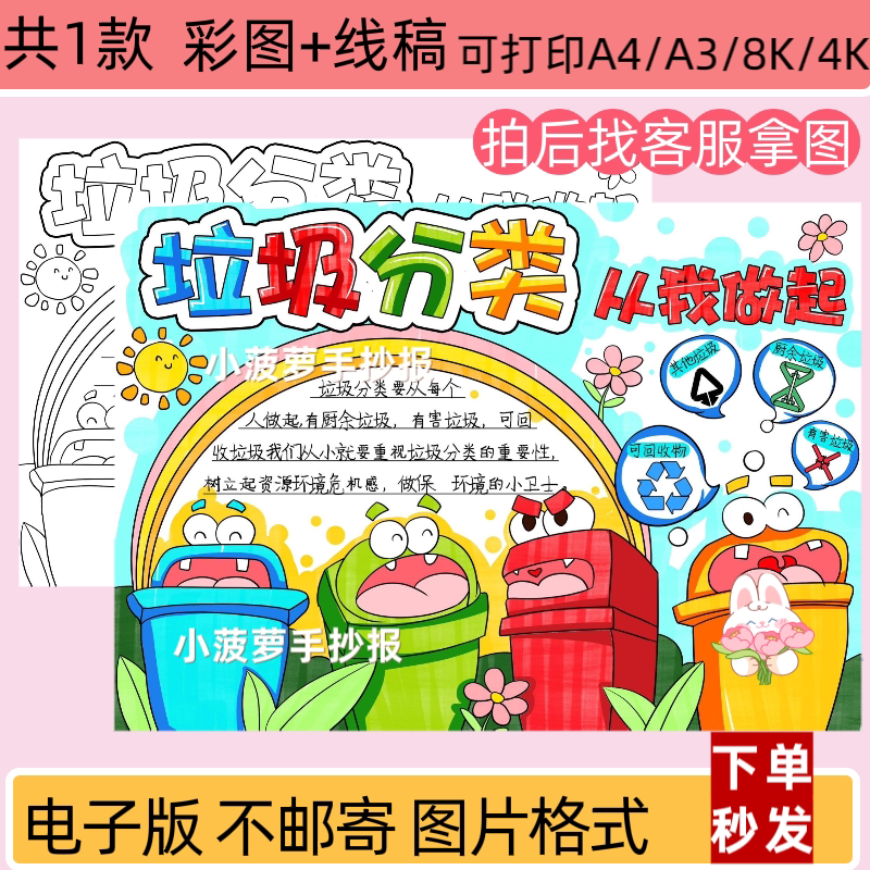 垃圾分类手抄报保护环境低碳节能主题小学生小报模板线稿打印A4