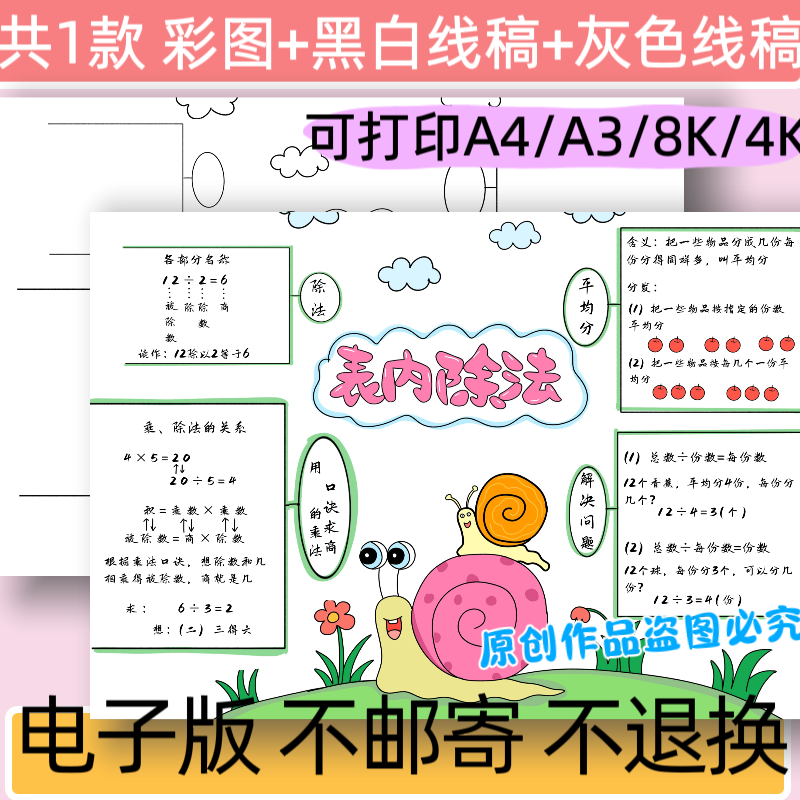 A42二年级数学上册表内除法思维导图手抄报模板电子版线稿可打印