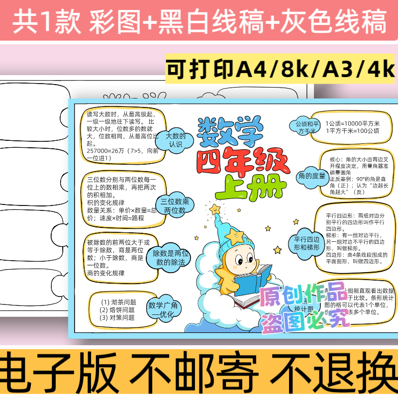 d64数学四年级上册知识点总结总复习思维导图手抄报电子模版线稿,商务/设计服务,设计素材/源文件,淘宝优惠券,粉丝福利购,淘宝优惠卷