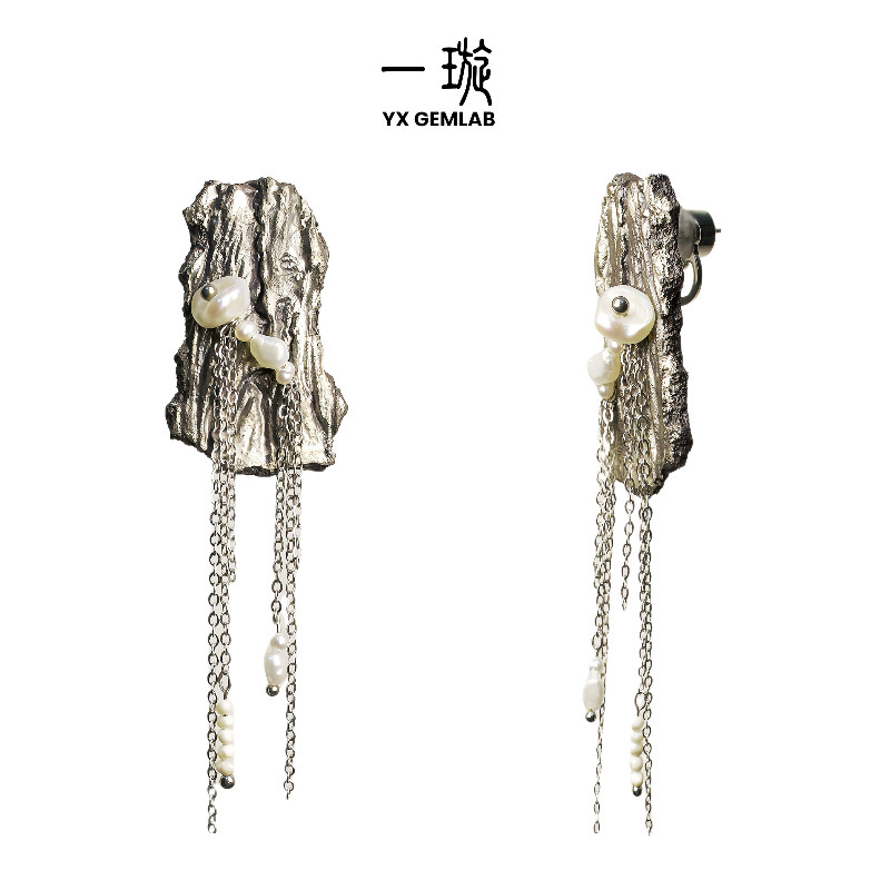 一璇YXgemlab树皮巴洛克珍珠流苏无耳洞耳夹陶瓷耳饰925纯银耳钉