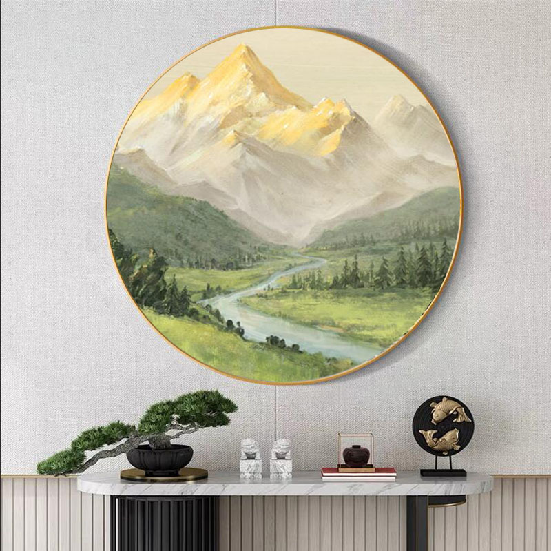 纯手绘圆形装饰画背有靠山玄关餐厅挂画圆框风景画办公室壁画图片