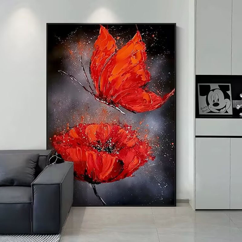纯手绘油画红色客厅中古玄关装饰画蝴蝶花卉立体肌理卧室床头红火图片