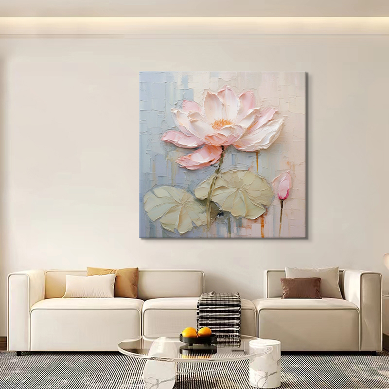 抽象荷花肌理手绘油画客厅餐厅装饰画奶油风新中式玄关挂画正方形图片