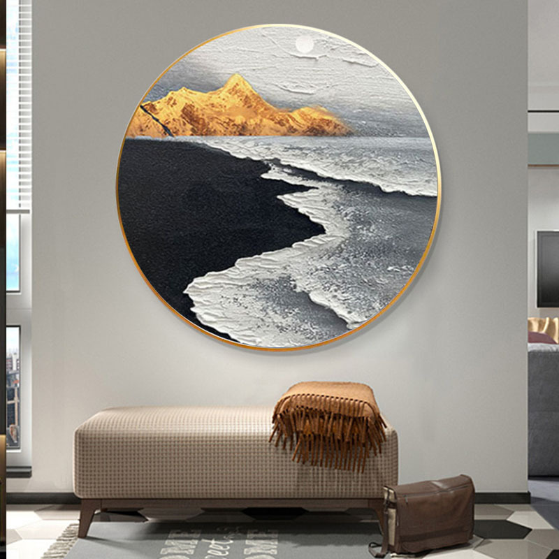 纯手绘圆框画海景装饰画抽象风景客厅玄关餐厅酒店圆形挂画现代图片