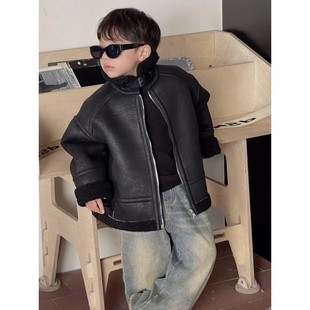 冬季 休闲羊羔绒加绒皮衣 男女童皮毛一体机车皮衣外套潮酷帅新款