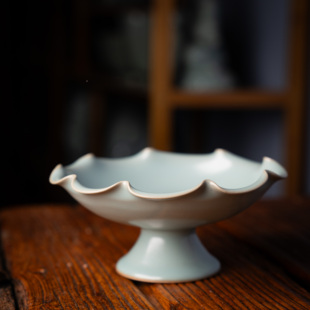 原产地汝瓷高足果盘花边果盘供香盘点心果品盘子手工仿古天青釉