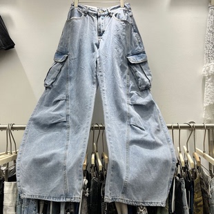 美式复古休闲工装牛仔裤女今年流行梧桐裤宽松设计感拖地阔腿裤