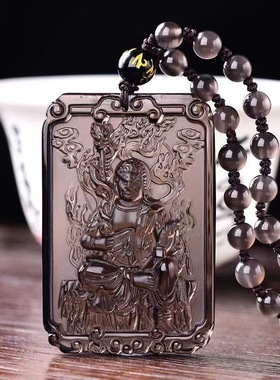 冰种黑曜石十二生肖本命佛方型吊坠黑曜石八大守护神项链纯天然