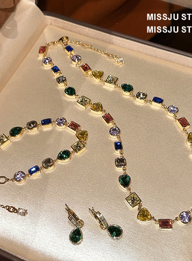 精致奢华镶钻几何型彩色宝石项链手链套装ins风多巴胺项链新糖果