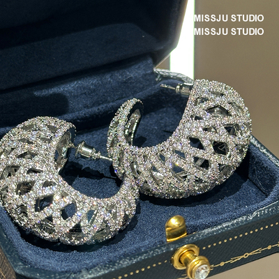 杨紫同款宽版C形曲面耳圈网格纹耳环气质轻奢高级感气质夸张时尚