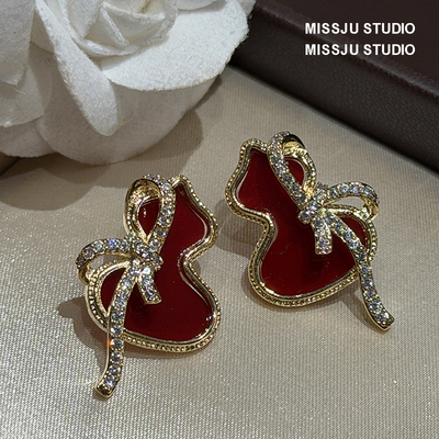 玄学旺财耳环女精致红滴釉葫芦蝴蝶结新年红葫芦耳钉小众气质法式