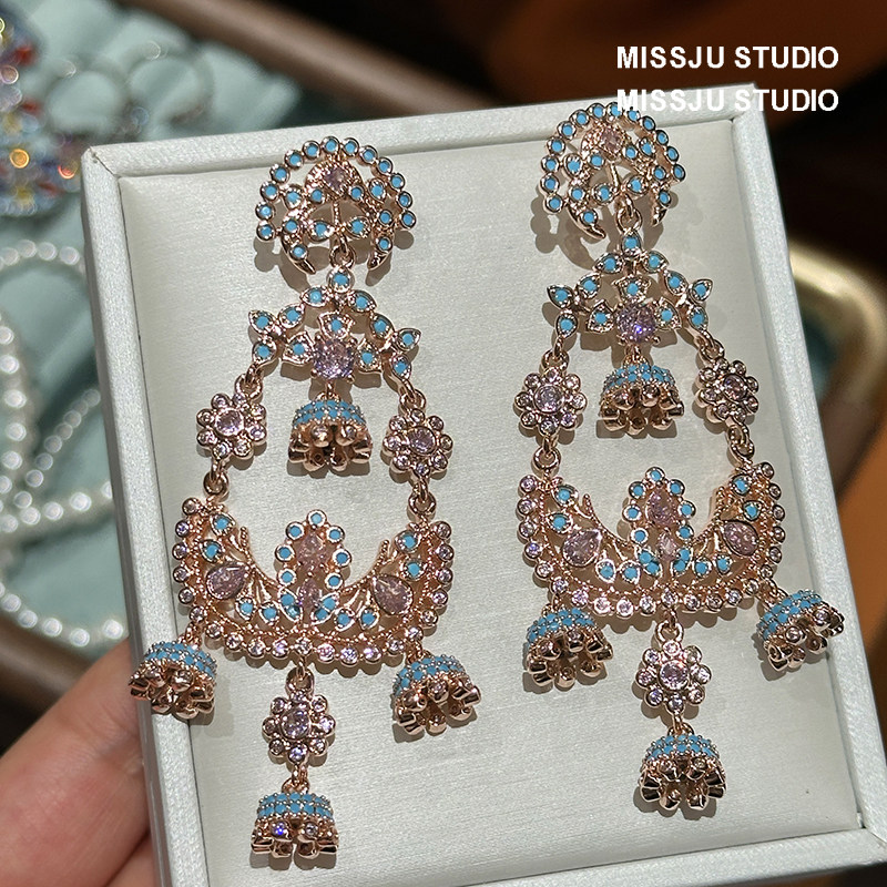 波西米亚民族风重工复古彩色奢华花篮镶钻夸张大款耳环高级感气质
