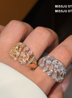 温柔系满钻小富婆款超闪不规则碎钻ins风轻奢气质高级感宽版戒指